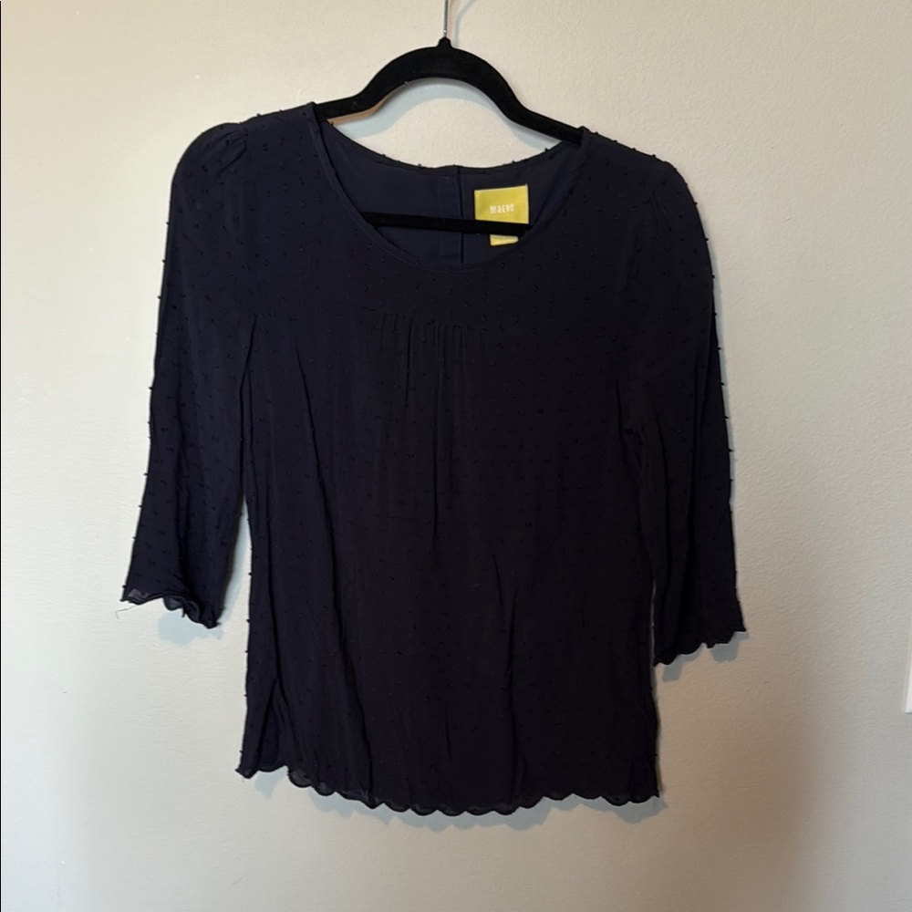 Maeve Anthropologie Dark Navy Blue Embroidery Blouse Sz 4 ¾ Sleeve Professional